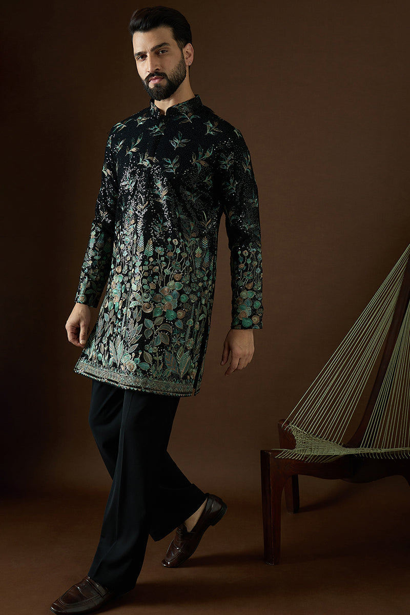 Black Silk Blend Solid Embroidered Straight Kurta | SHOBITAM