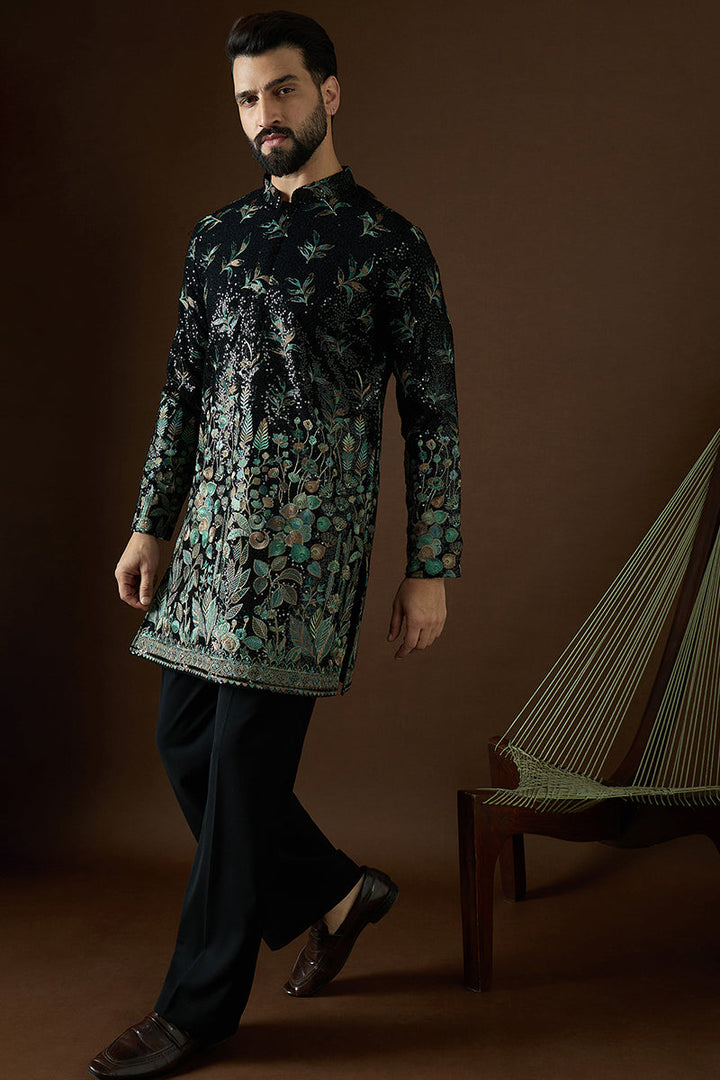 Black Silk Blend Solid Embroidered Straight Kurta | SHOBITAM