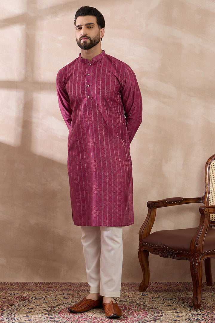 Pink Silk Blend Printed Mandarin Collar Straight Kurta | SHOBITAM
