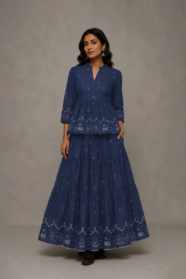 Handloom Indigo Blue Traditional Jamdani Skord | SHOBITAM