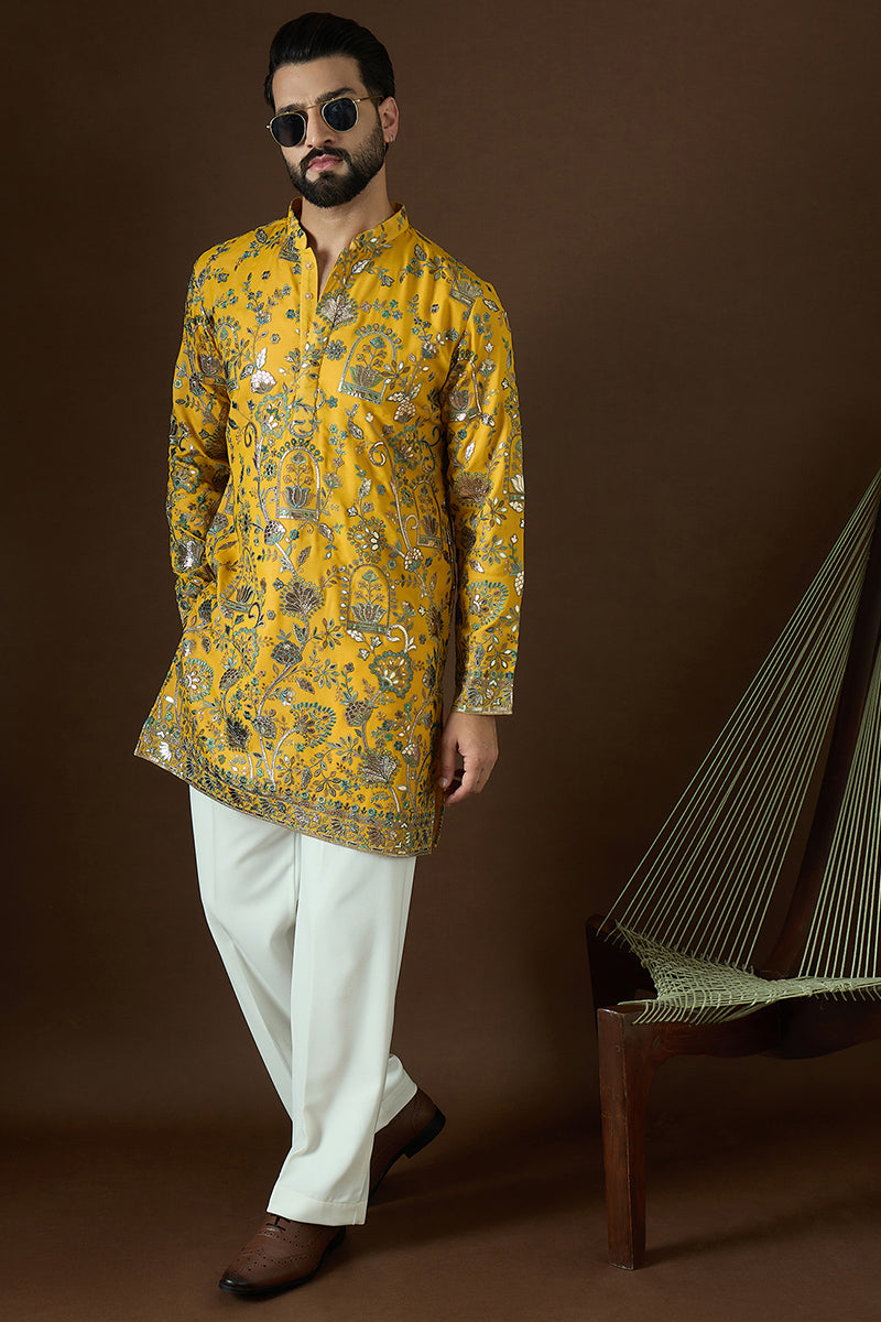 Yellow Georgette Solid Embroidered Straight Kurta | SHOBITAM
