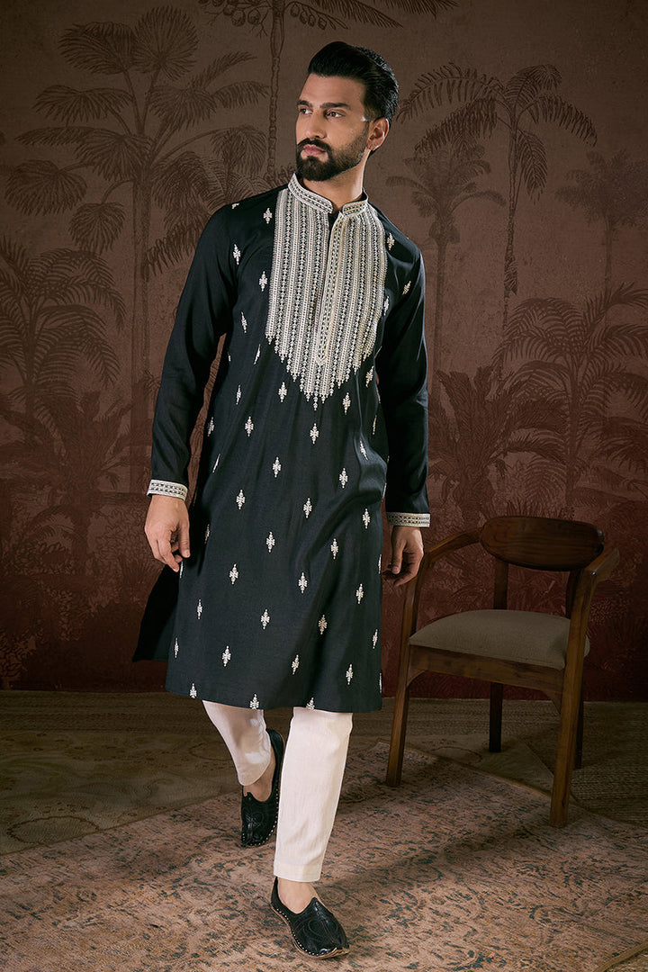 Black Silk Blend Solid Embroidered Straight Kurta With Trouser | SHOBITAM
