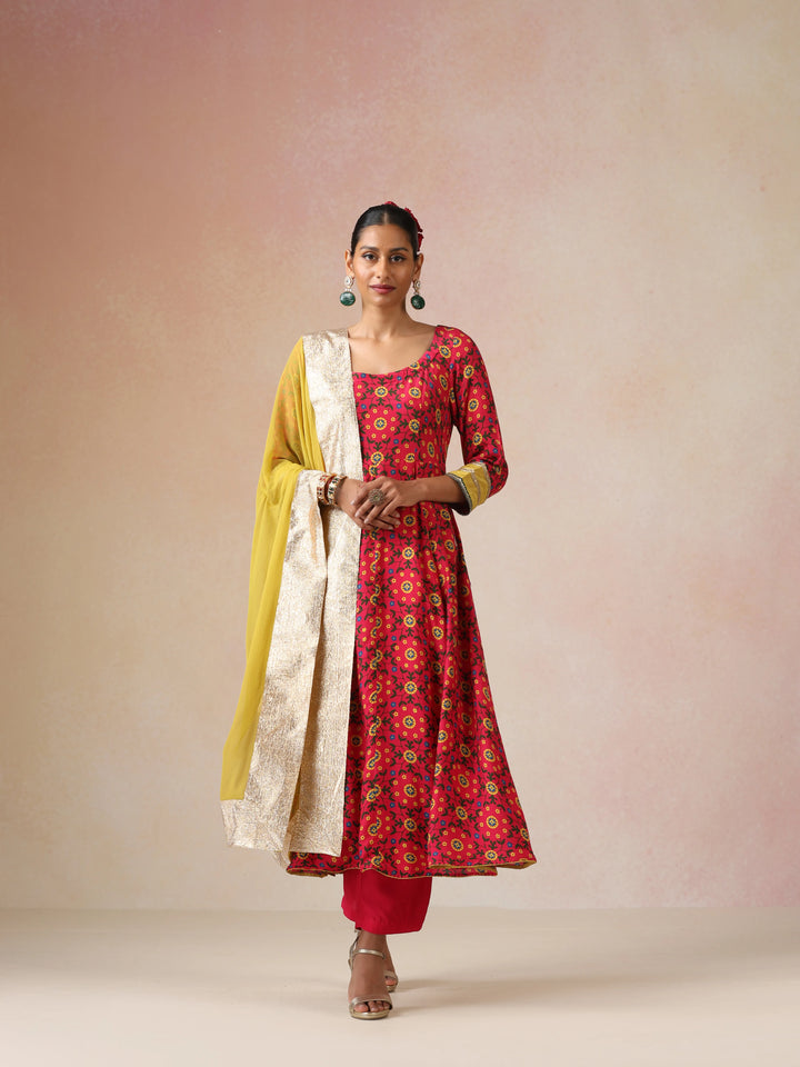 Pink Green Floral Print Viscose Anarkali Kurta Pants Dupatta Set | SHOBITAM