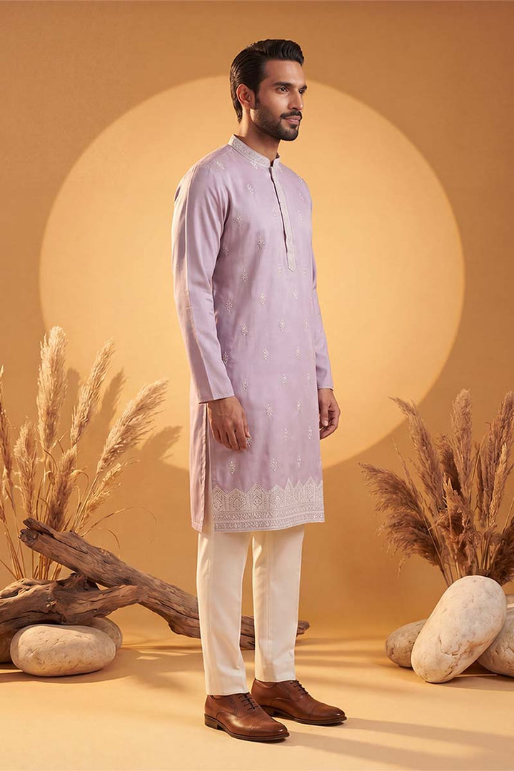 Mens Lavender Silk Blend Solid Embroidered Kurta With Trousers | SHOBITAM