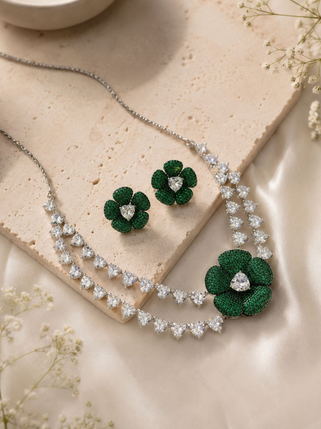 Emerald Bloom Floral Necklace Set with Crystal Petal Drops | SHOBITAM