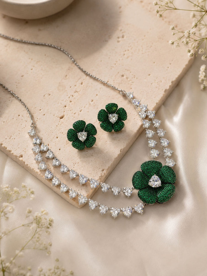 Emerald Bloom Floral Necklace Set with Crystal Petal Drops | SHOBITAM
