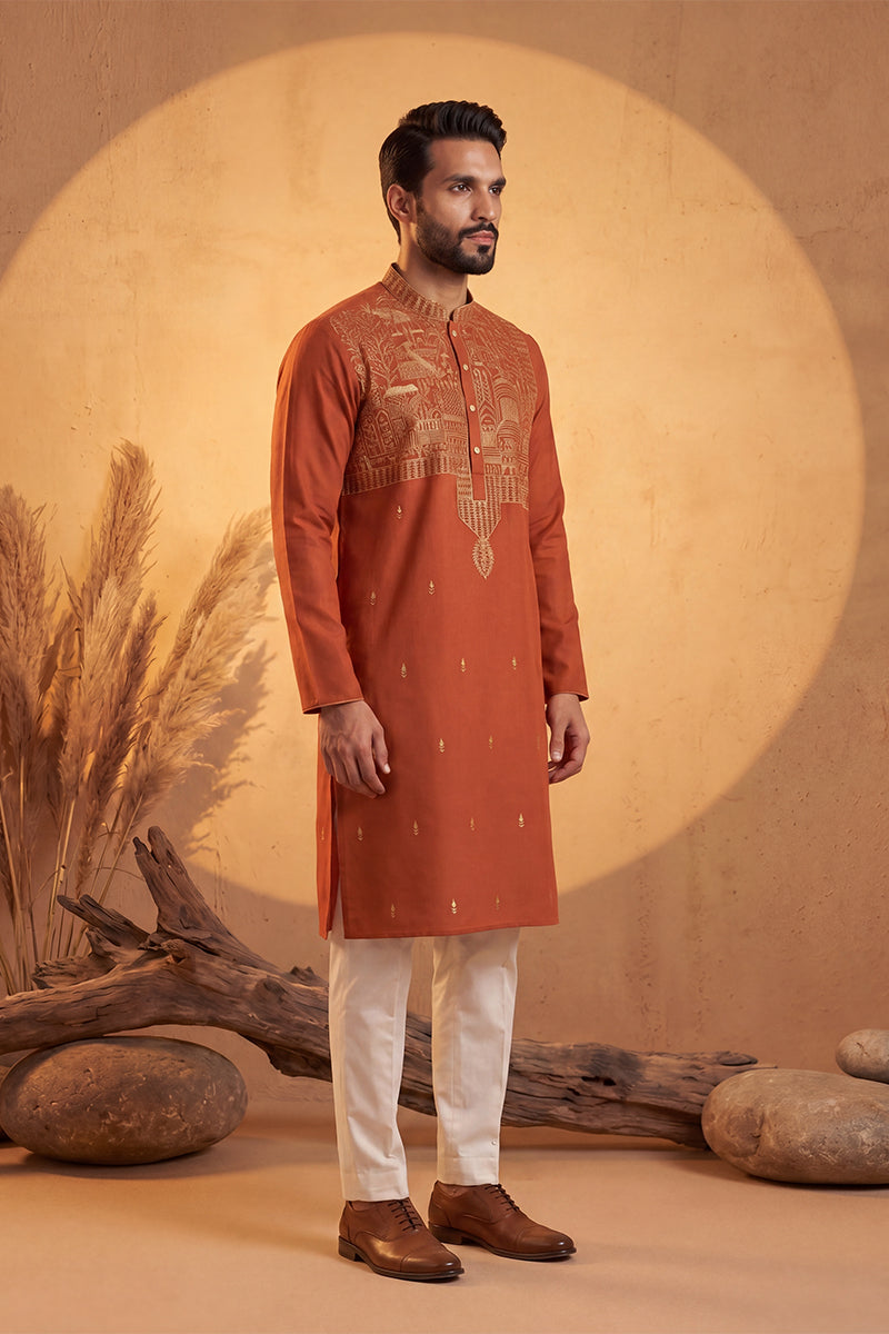 Mens Orange Silk Blend Solid Emboidered Straight Kurta With Trouser | SHOBITAM