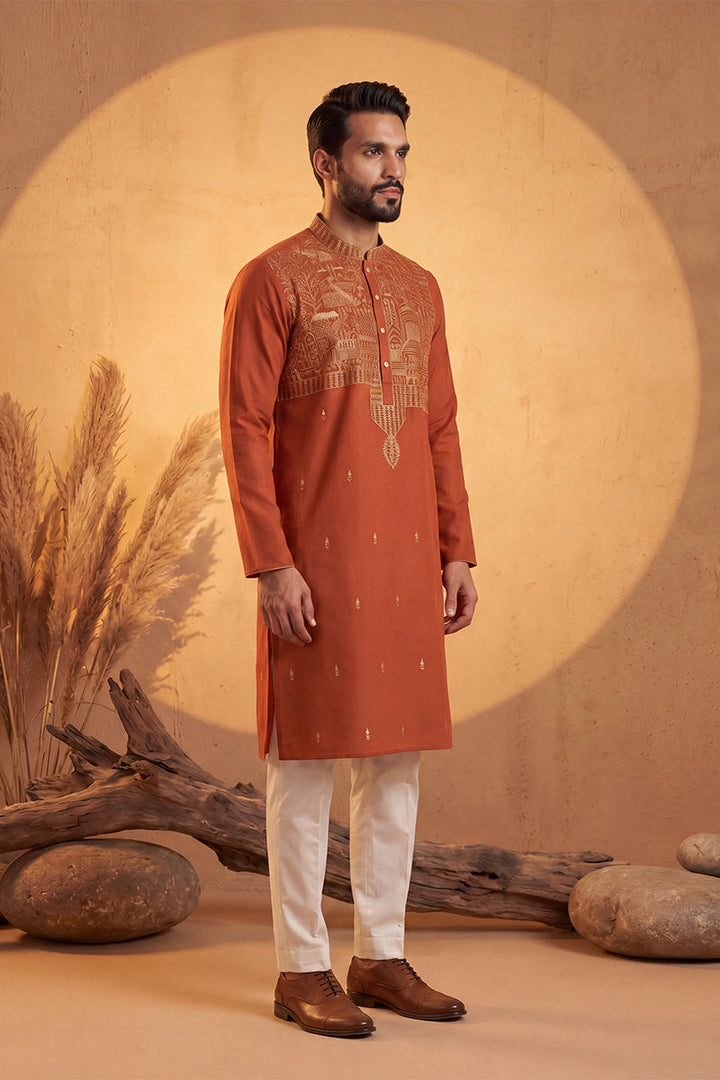 Mens Orange Silk Blend Solid Emboidered Straight Kurta With Trouser | SHOBITAM