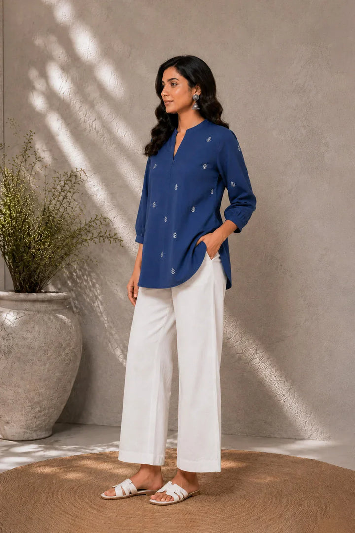 Blue Woven South Cotton Top | SHOBITAM