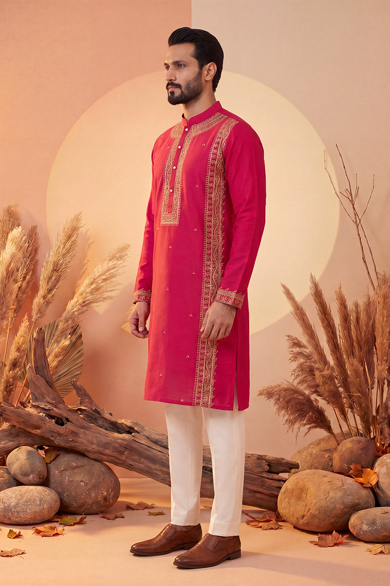 Mens Pink Silk Blend Solid Emboidered Straight Kurta With Trouser | SHOBITAM