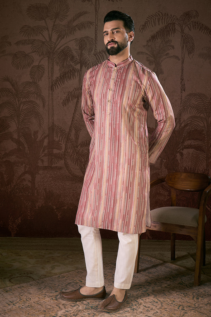 Mauve Silk Blend Floral Printed Straight Kurta For Men | SHOBITAM