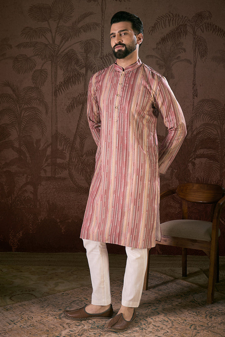 Mauve Silk Blend Floral Printed Straight Kurta For Men | SHOBITAM