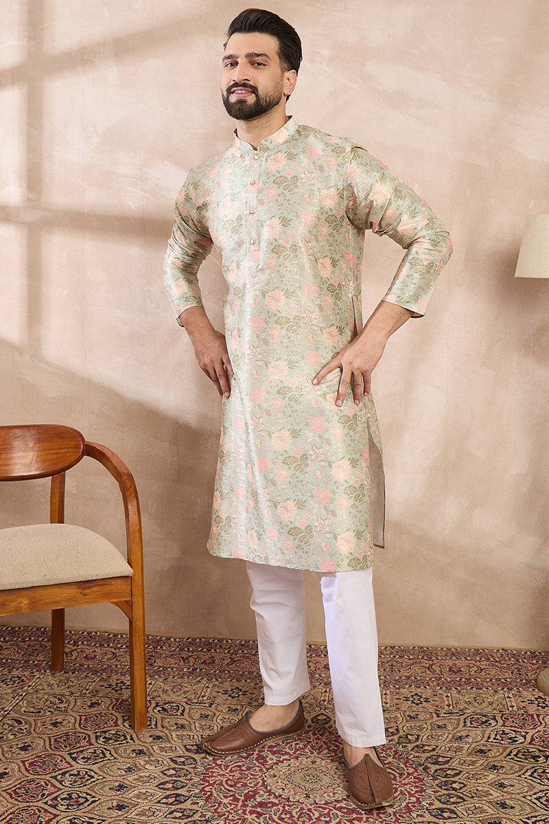 Green Silk Blend Floral Printed Straight Kurta With Trouser | SHOBITAM