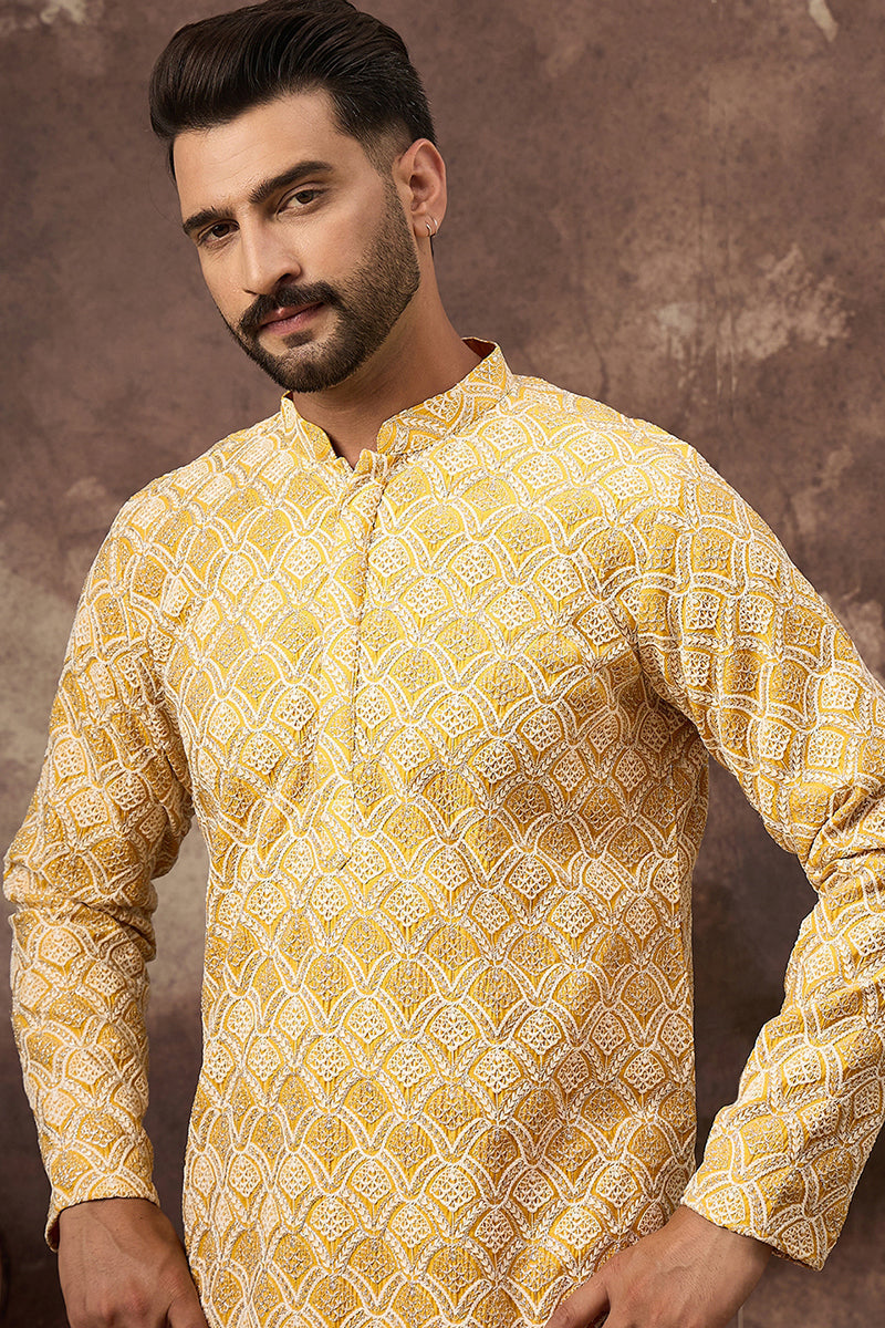 Yellow Viscose Rayon Solid Embroidered Straight Kurta with Trouser  | SHOBITAM