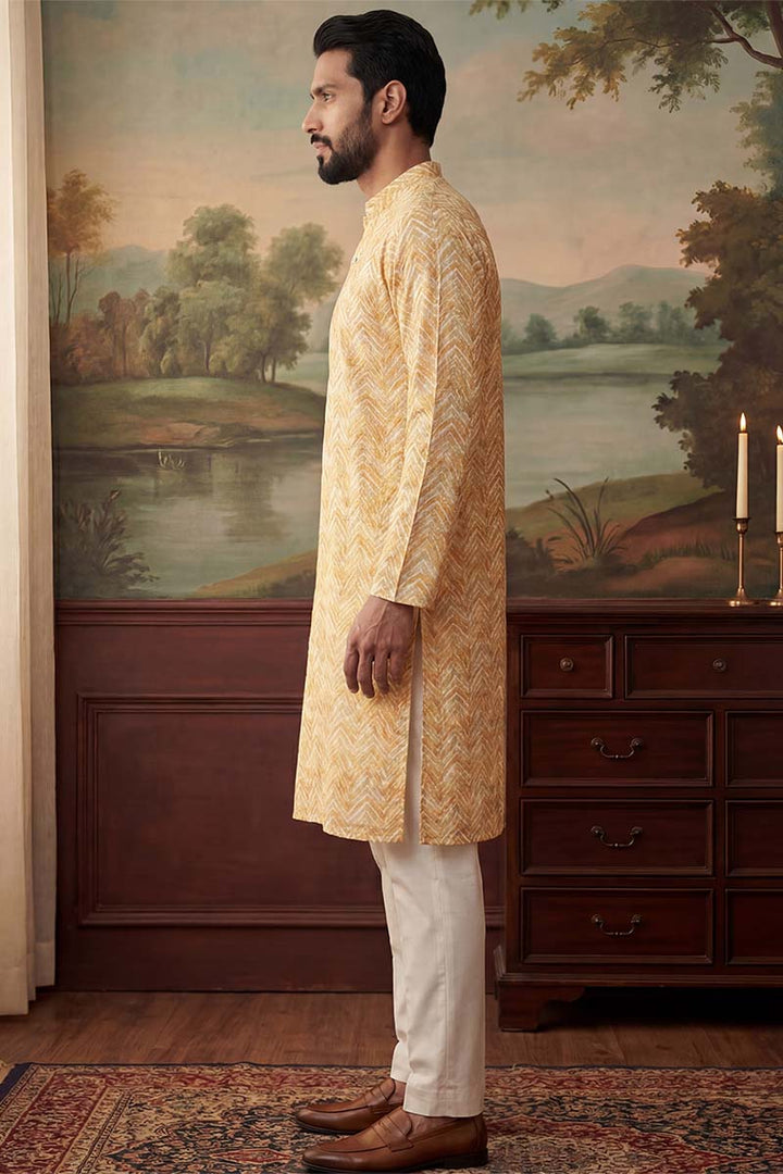 Yellow Linen Printed Straight Kurta | SHOBITAM