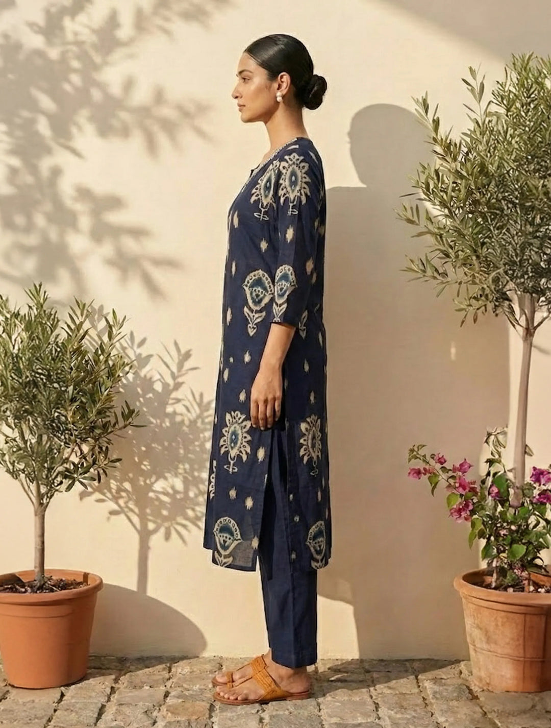 Blue Print Embroidered Round With V-Neck Kurta Pant Dupatta Set | SHOBITAM