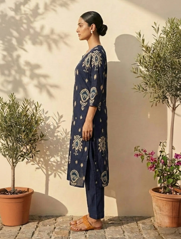 Blue Print Embroidered Round With V-Neck Kurta Pant Dupatta Set | SHOBITAM
