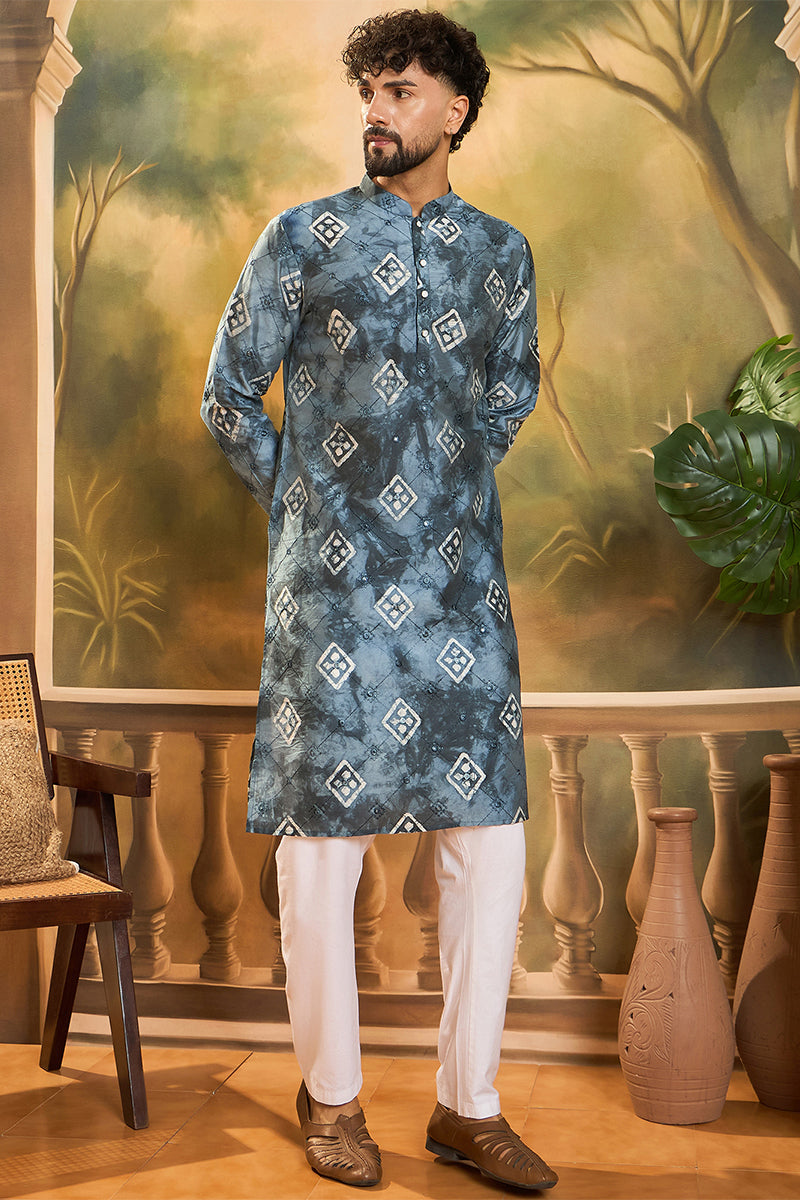 Blue Silk Blend Batik Embroidered Straight Kurta with Trouser | SHOBITAM