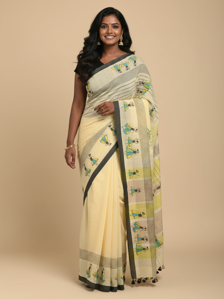 Yellow Handloom Cotton Kantha Stitch Saree with pompoms | SHOBITAM