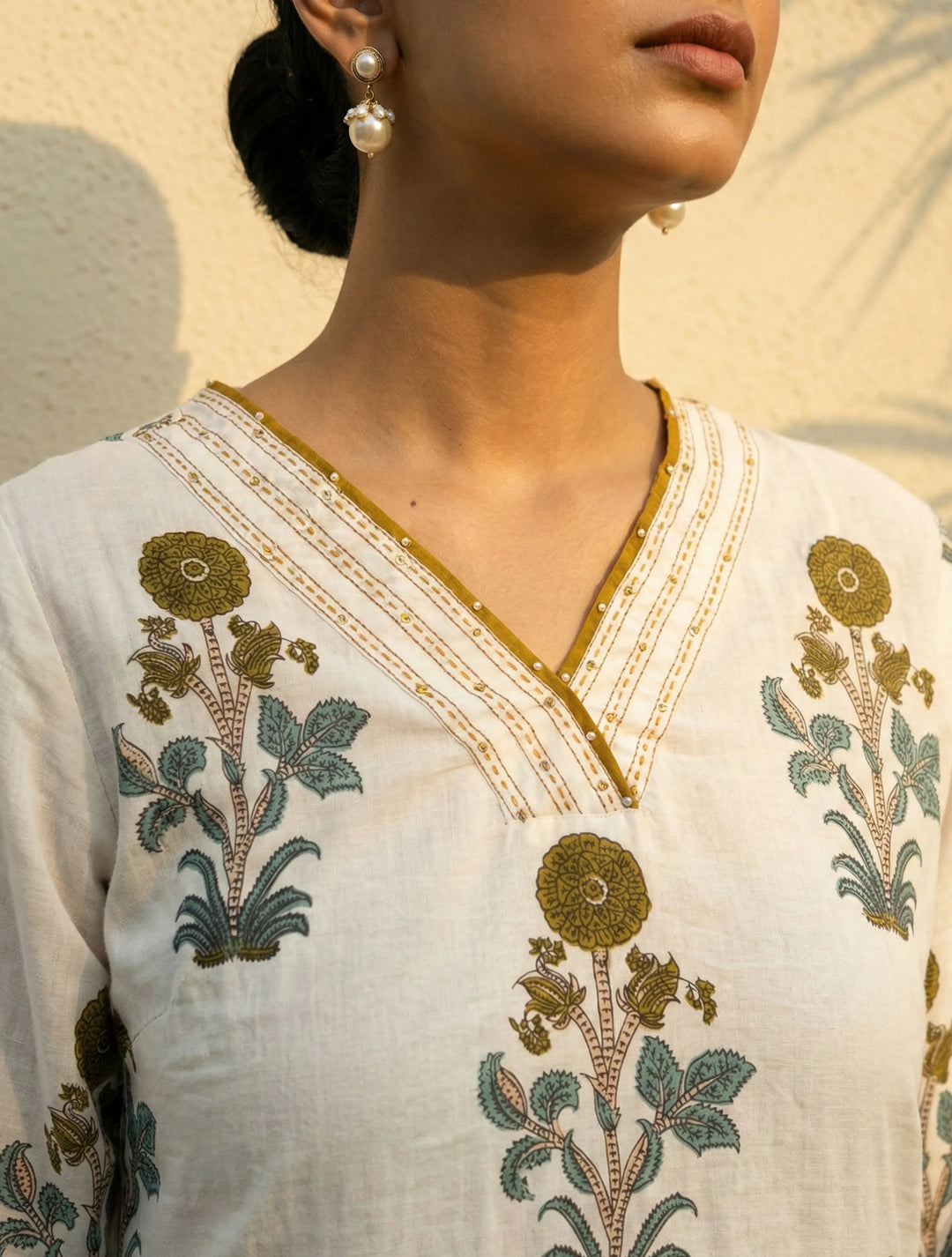 White Yellow Print V-Neck Kurta Pant Dupatta Set | SHOBITAM