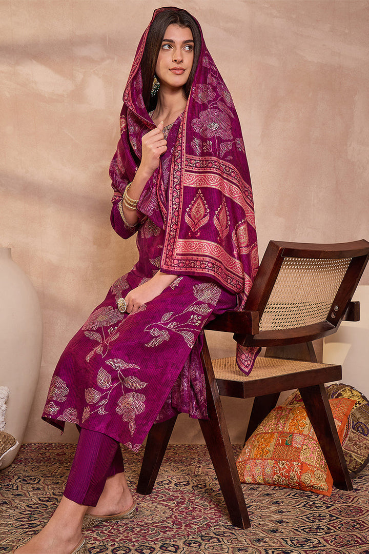 Purple Silk Blend Floral Printed Straight Kurta Trouser With Dupatta | SHOBITAM