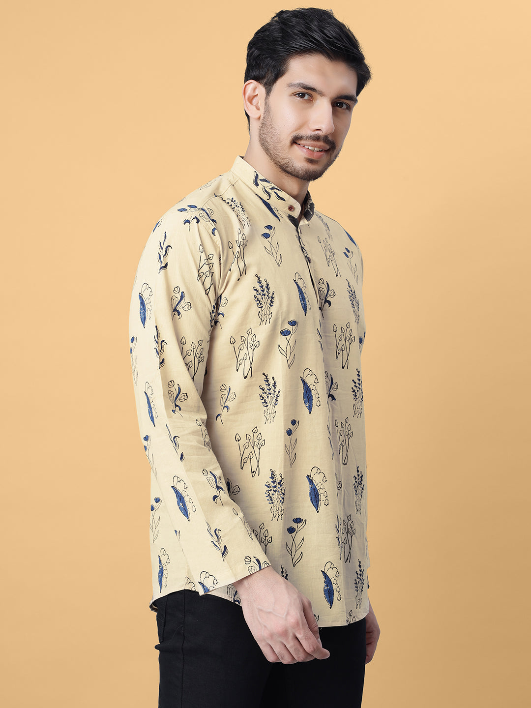 Sugandha Ajrakh Hand Block Cotton Short Kurta in Cream