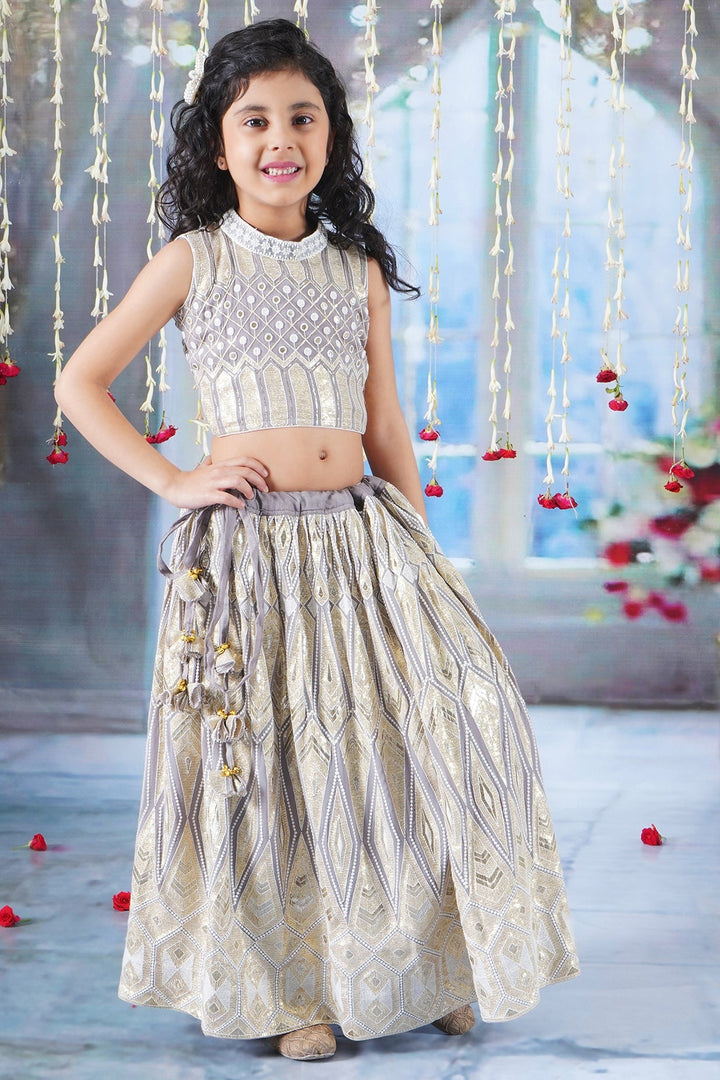 Girls Ivory and Golden Thread work Lehenga with Sequence work Blouse and Lacework Dupatta | SHOBITAM