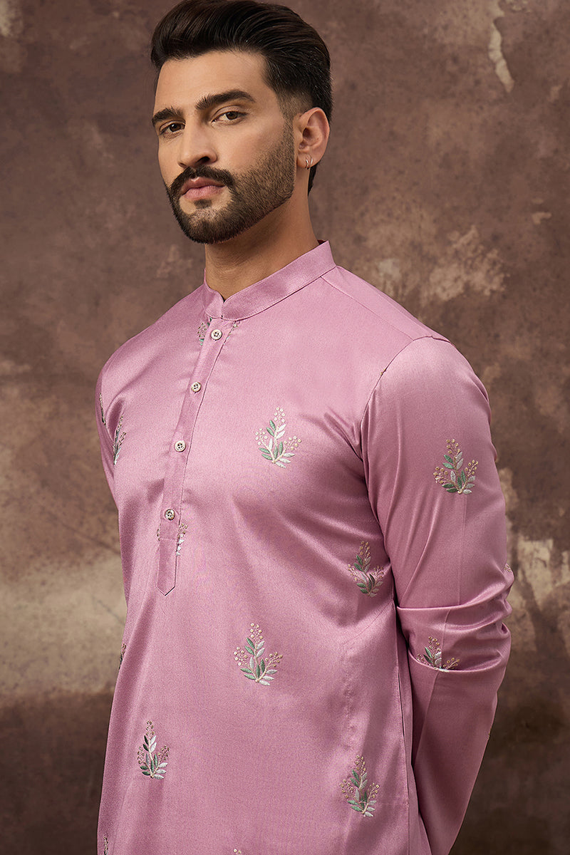Pink Silk Blend Solid Embroidered Straight Kurta with Trouser | SHOBITAM