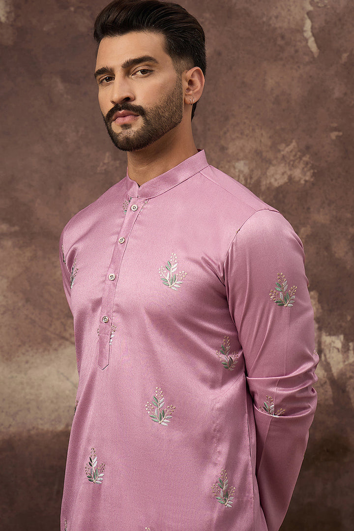 Pink Silk Blend Solid Embroidered Straight Kurta with Trouser | SHOBITAM