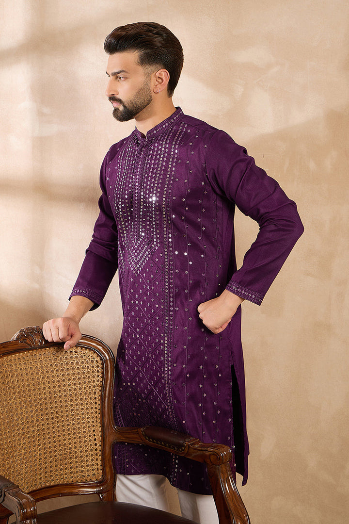 Purple Silk Blend Geometric Embroidered Straight Kurta With Trouser | SHOBITAM