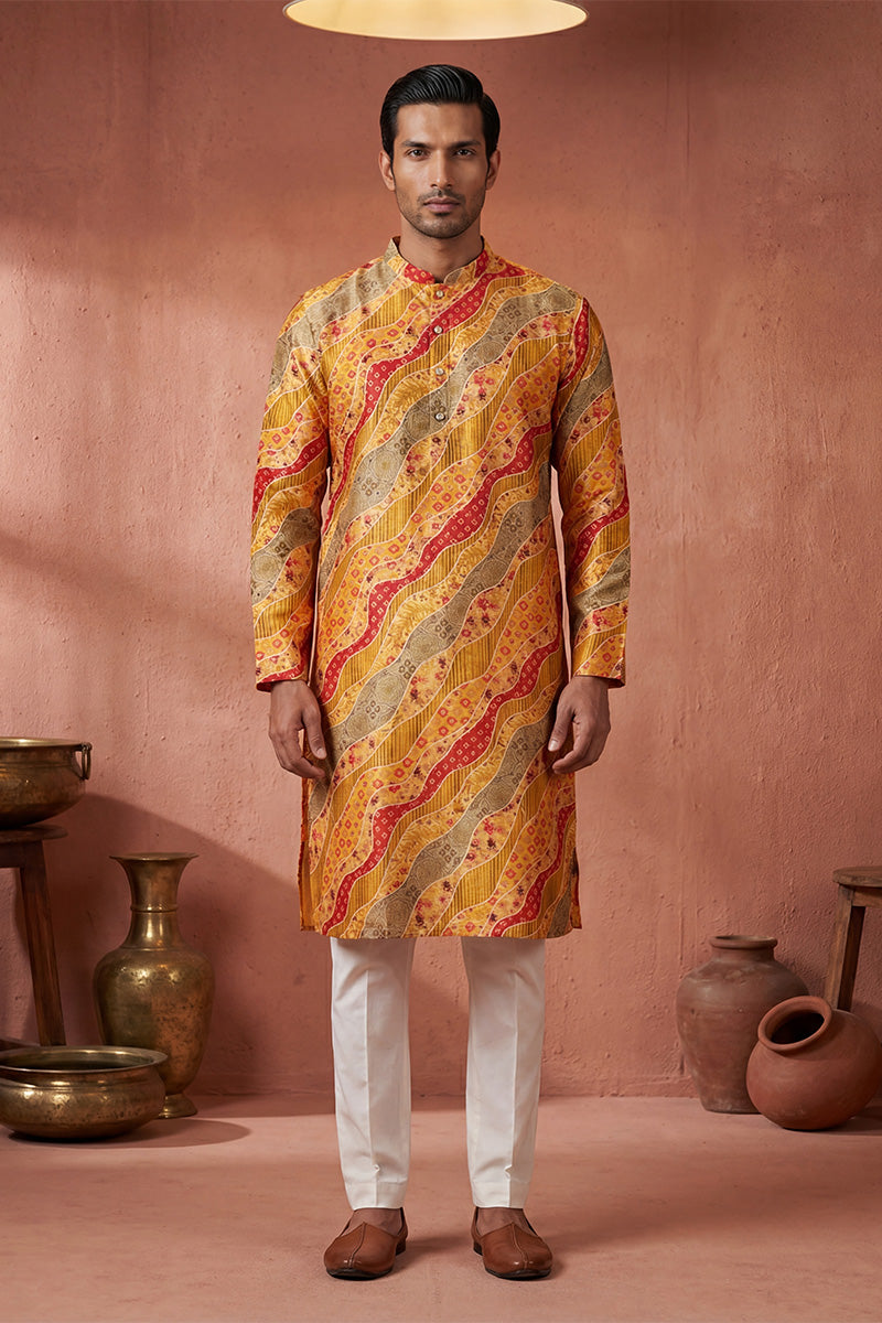 Yellow Silk Blend Printed Straight Kurta | SHOBITAM