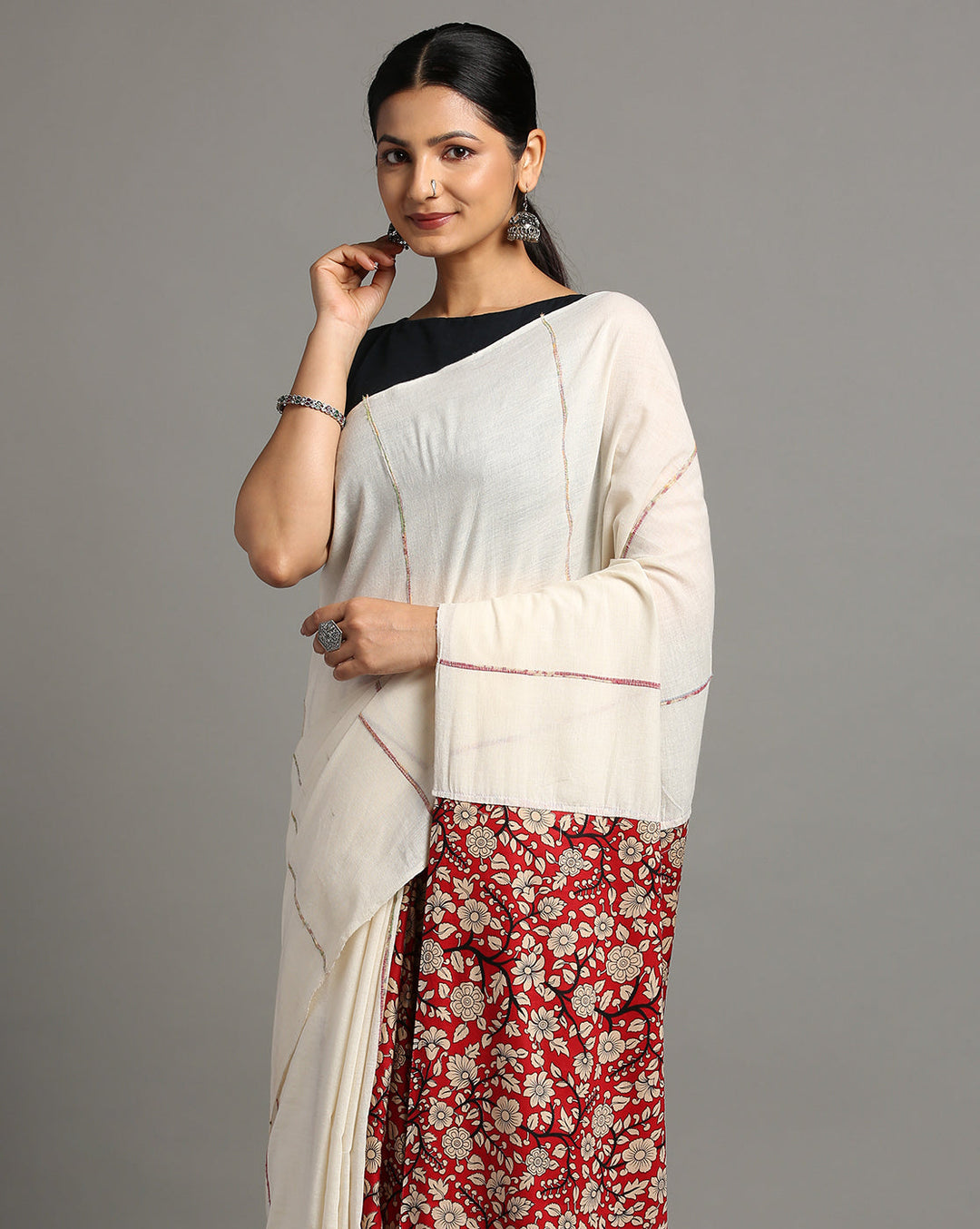 White Red Ajrak Print Khesh Cotton Saree with Blouse piece | SHOBITAM
