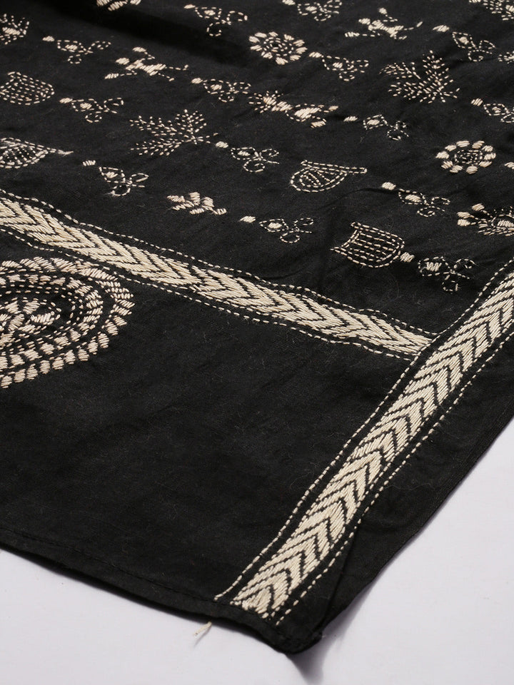 Hand embroidered Black Worli Kantha Embroidered Cotton Dupatta