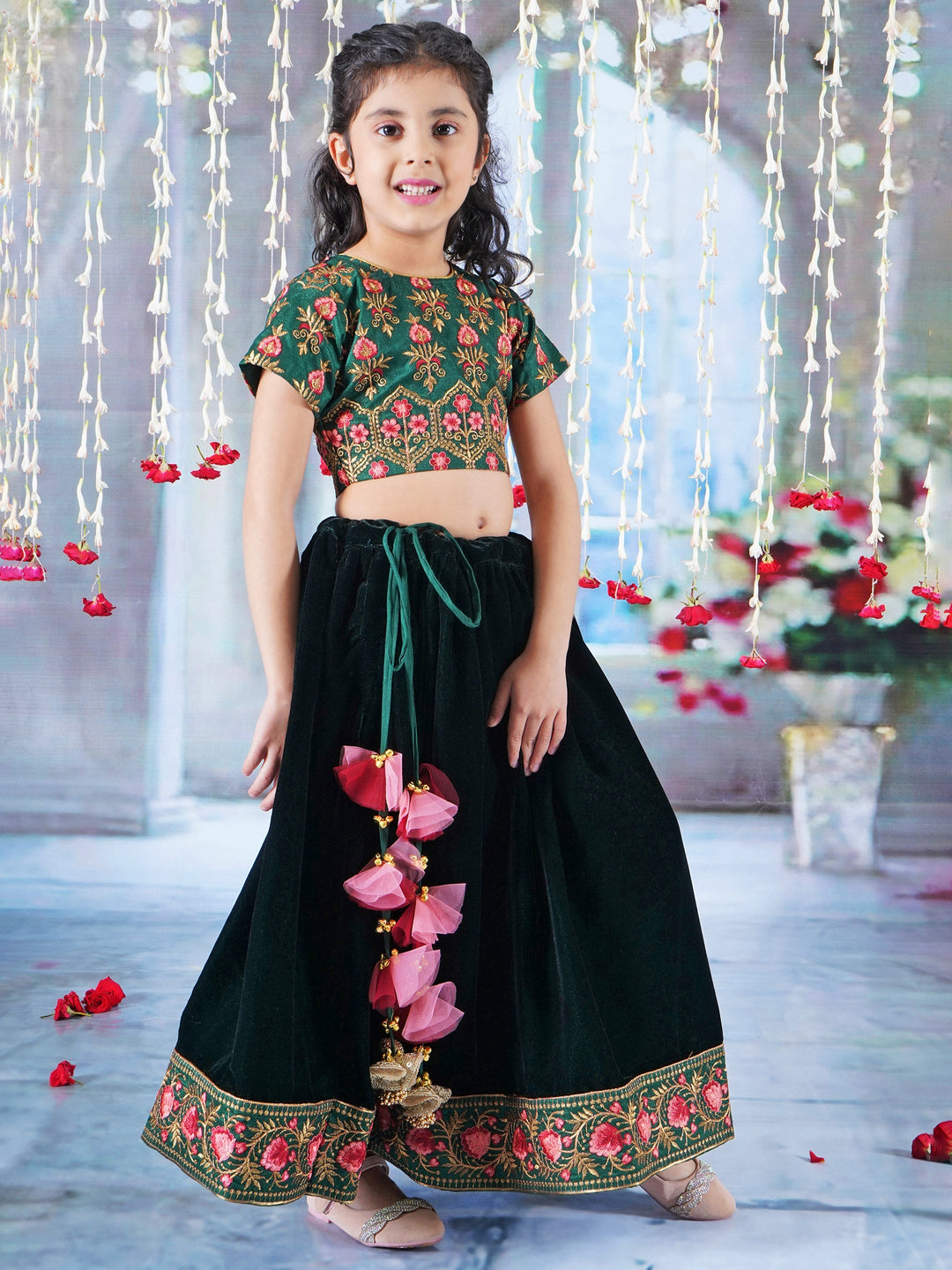 Girl Bageecha Floral Thread work Blouse with Velvet Lehenga and Sequin moti work Dupatta, accompanied with Hand made tassel and Ghungroo work in Green | SHOBITAM