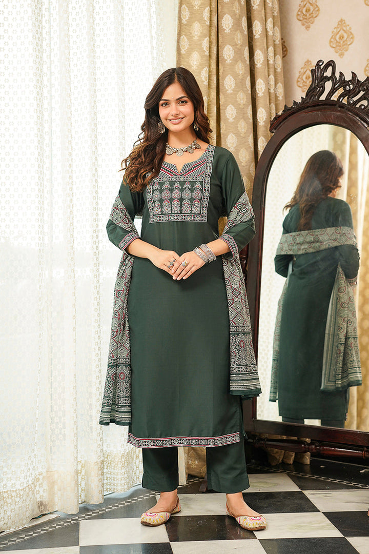 Green Cotton Blend Ajrakh Printed Straight Kurta Trousers With Dupatta | SHOBITAM