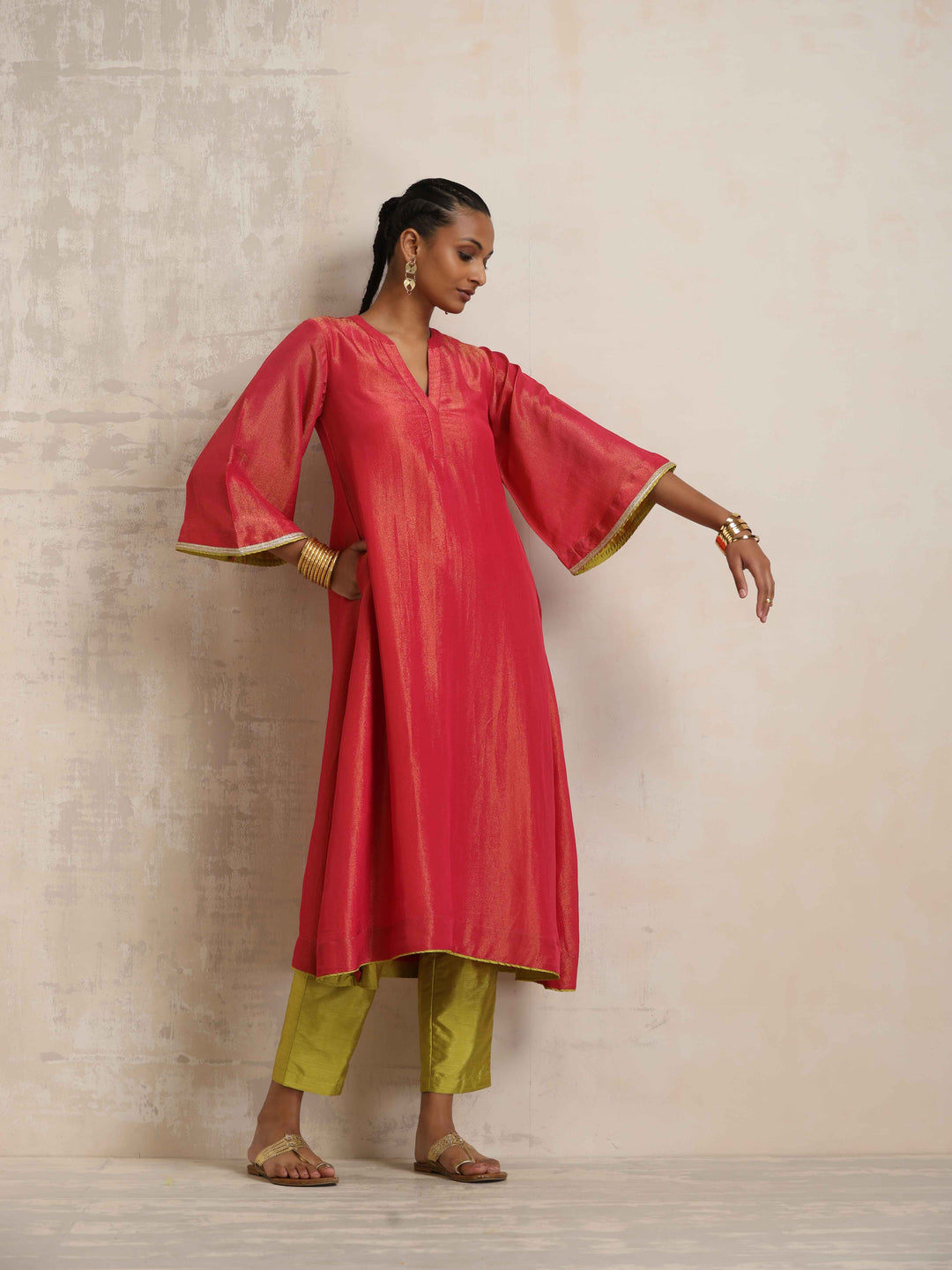 Hot Pink Tissue Flared Kurta Set | SHOBITAM
