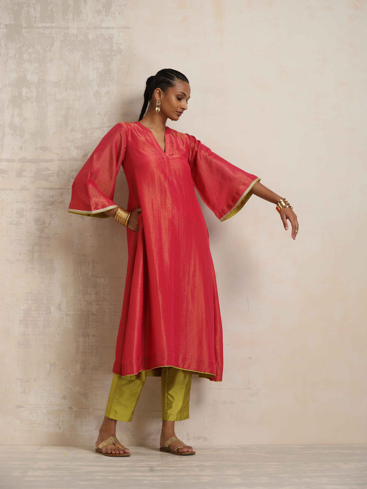 Hot Pink Tissue Flared Kurta Set | SHOBITAM
