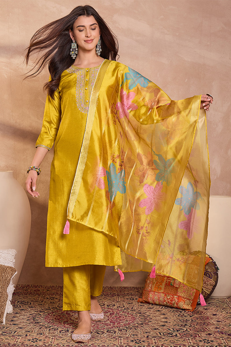 Yellow Silk Blend Solid Embroidered Straight Kurta Trouser With Dupatta | SHOBITAM