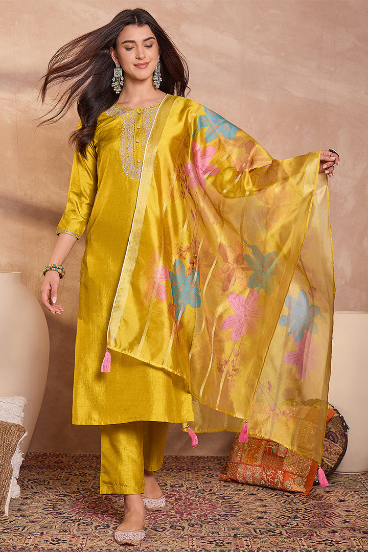 Yellow Silk Blend Solid Embroidered Straight Kurta Trouser With Dupatta | SHOBITAM