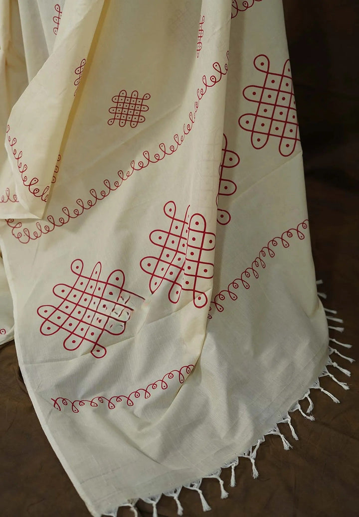 Bamboo Cotton Saree with Kolam Handblock Print | SHOBITAM