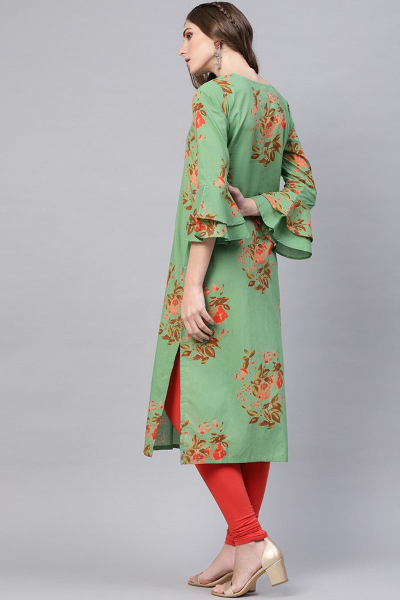 Regular Wear Cotton Fabric Printed Sea Green Color Simple Kurti | SHOBITAM