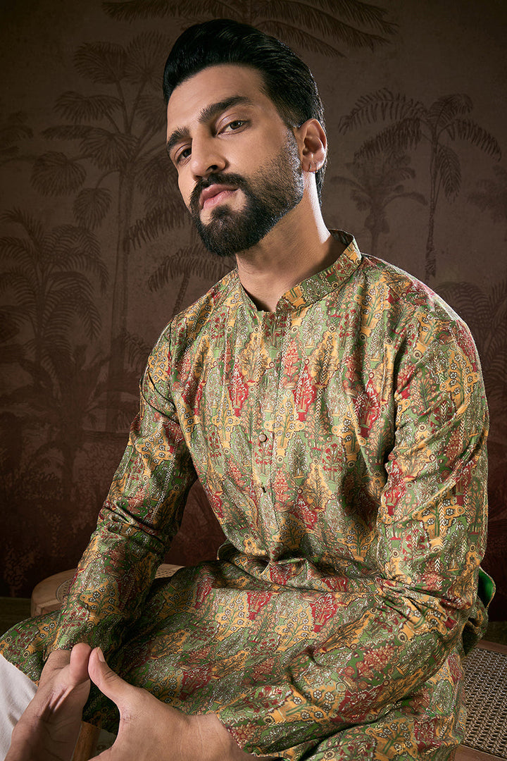 Green Silk Blend Floral Printed Straight Kurta With Trouser | SHOBITAM