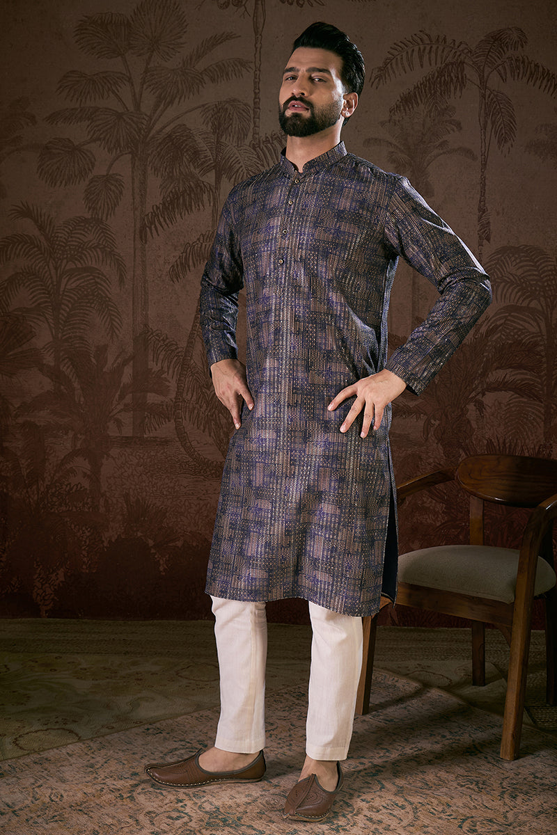 Violet Silk Blend Abstract Printed Straight Kurta For Men | SHOBITAM