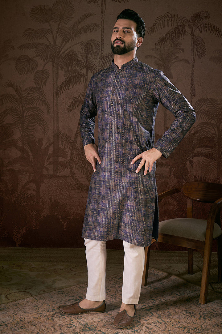 Violet Silk Blend Abstract Printed Straight Kurta For Men | SHOBITAM