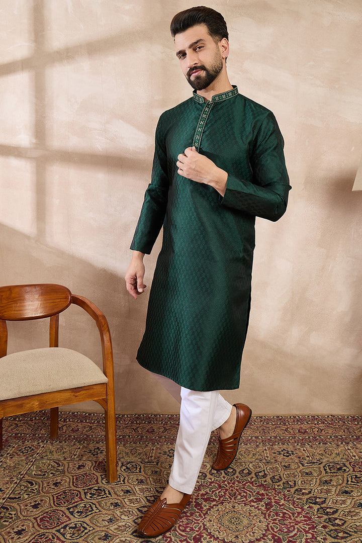 Green Silk Blend Solid Woven Design Straight Kurta With Trouser | SHOBITAM