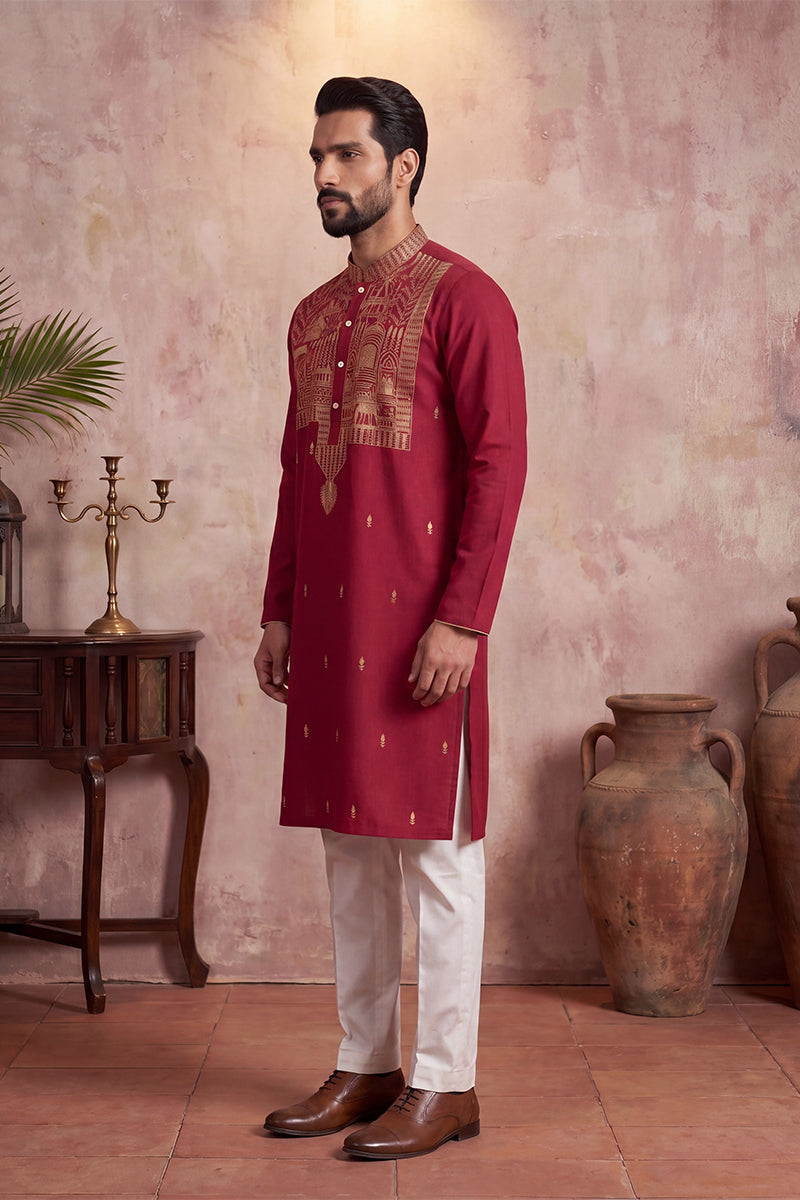 Mens Red Silk Blend Solid Emboidered Straight Kurta With Trouser | SHOBITAM