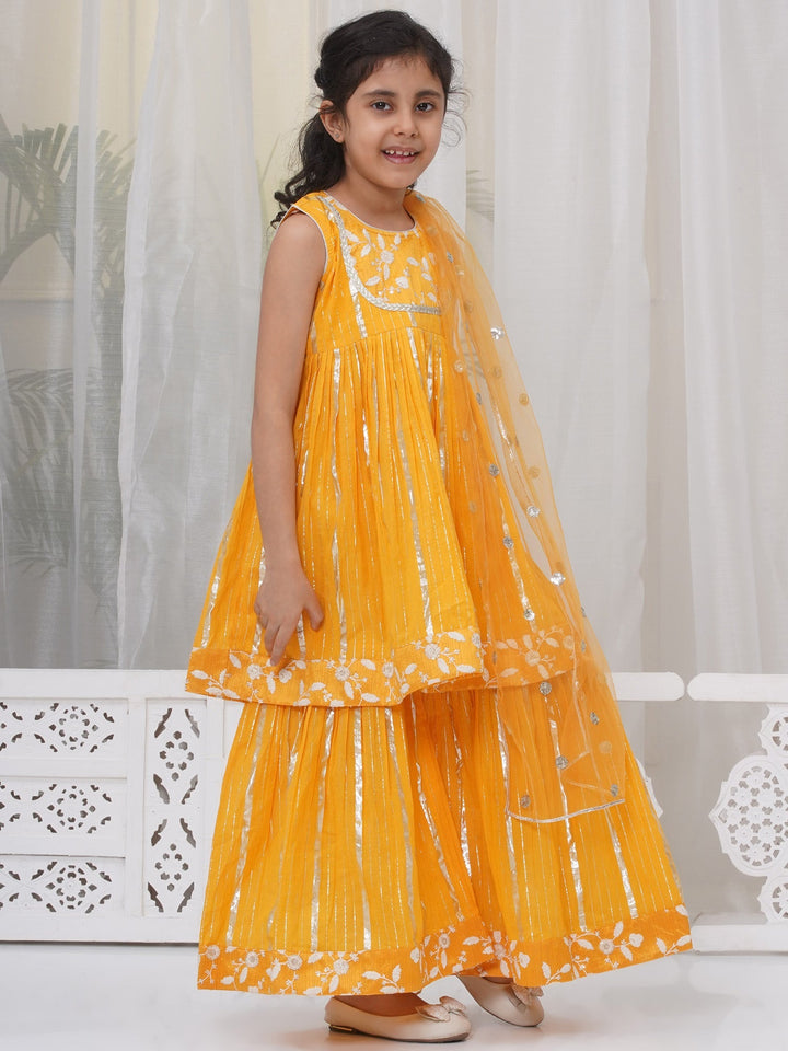 Girls Cotton Sleeveless White Thread Floral Embroidery Kurta Frock with Sharara and Dupatta - Haldi Yellow | SHOBITAM
