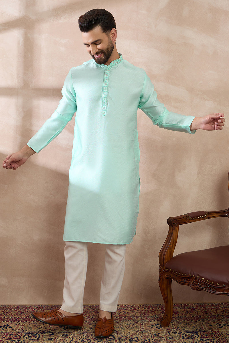Teal Polyester Woven Design Mandarin Collar Straight Kurta With Trouser For Men | SHOBITAM