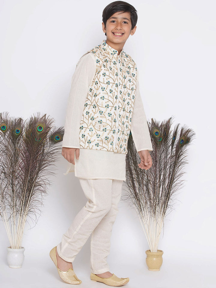Silk Blue Floral Embroidery Jacket with Cotton Kantha kurta and Kantha Pyjama | SHOBITAM