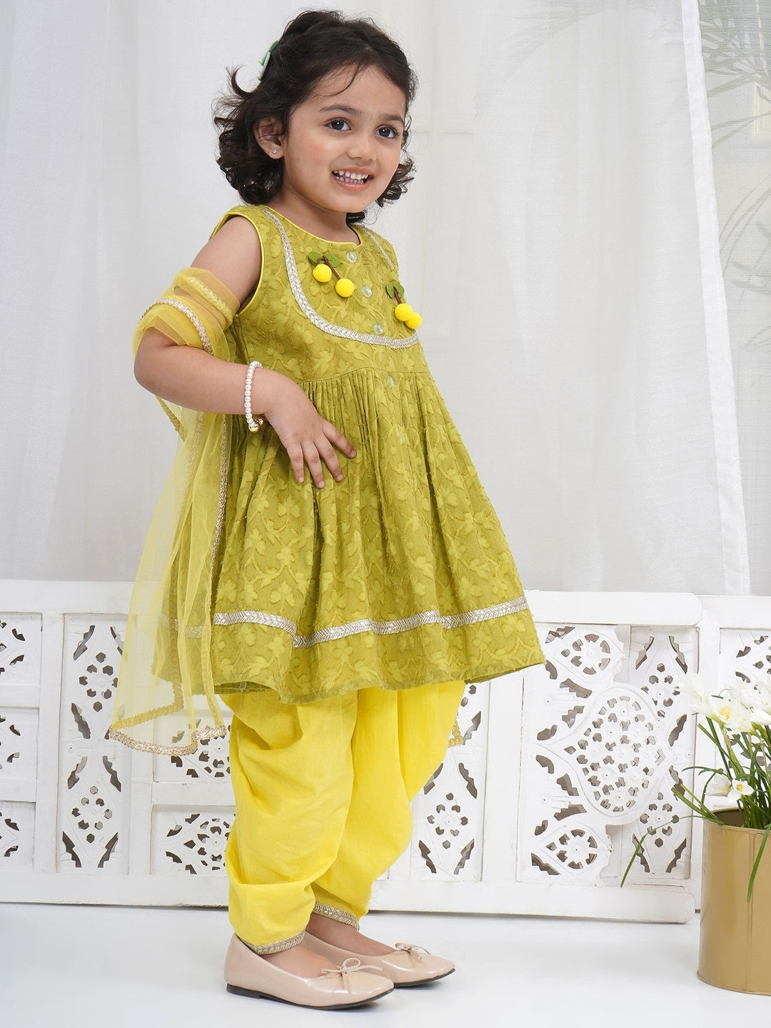 Girls Cotton Sleeveless Floral Self Weaving Kurta with Cherry Applique work and Salwar with Dupatta - Green